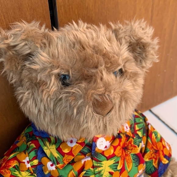 Build-A-Bear Bear, tan curly fur and nose, black smooth paw pads. Floral shirt - Picture 3 of 10